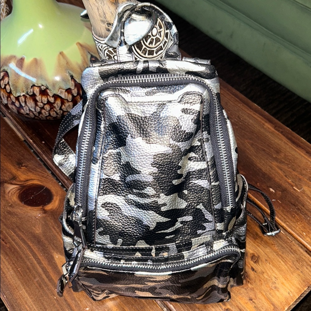 Aimee Kestenberg Metallic Silver Black Camo Mini Backpack